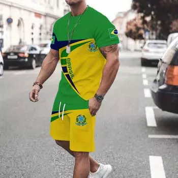 Летний новый мужской комплект из 2 предметов: футболка с короткими рукавами и принтом тигра и льва в виде 3D-принта, шорты, высококачественный повседневный спортивный уличный комплект S