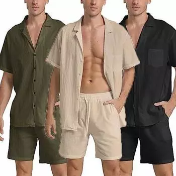 Летний новый мужской комплект из двух предметов: однотонная рубашка с короткими рукавами и шорты, мужской льняной костюм, мужская одежда для пляжного отдыха M чёрный