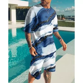 Летний новый мужской костюм 3D Printig Геометрические узоры рубашка с коротким рукавом шорты костюм модная рубашка мужской комплект из двух предметов уличная одежда S