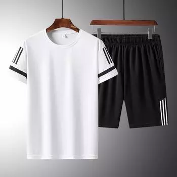 Летний новый мужской повседневный спортивный костюм с круглым вырезом, тонкая часть футболки с короткими рукавами, короткие брюки, комплект из двух предметов из быстросохнущего шелка M 80-100 белый