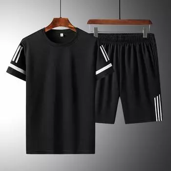 Летний новый мужской повседневный спортивный костюм с круглым вырезом, тонкая часть футболки с короткими рукавами, короткие брюки, комплект из двух предметов из быстросохнущего материала Ice Silk M 80-100 белый
