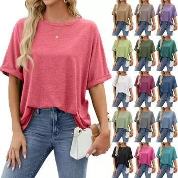 Летний новый однотонный круглый вырез большого размера свободный короткий рукав S белый