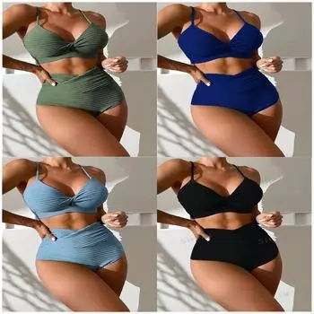 Летний новый однотонный раздельный купальник собирает сексуальный комплект бикини с высокой талией для пляжа, модный S зелёный