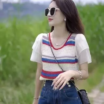 Летний новый полосатый пуловер цвет модный дизайн смысл универсальный сращивание трикотажный топ женский шифоновый рукава круглый вырез маленькая рубашка модный one size красный