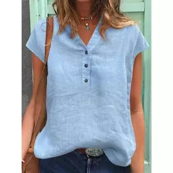Летний новый повседневный топ с V-образным вырезом, короткими рукавами и пуговицами, однотонные женские блузки и рубашки из хлопка и льна в стиле ретро S чёрный