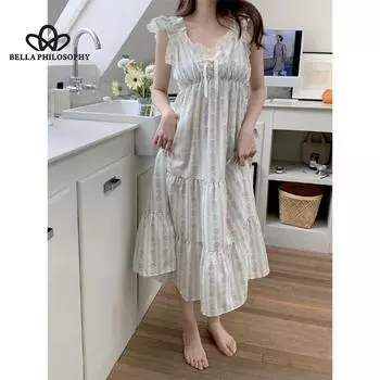 Летний новый продукт, женское платье из чистого хлопка в сельской местности, длинное спальное платье для домашнего интерьера One size белый
