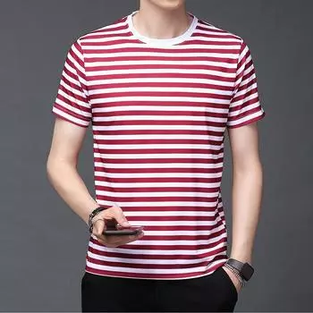 Летний новый стиль, молодежная тонкая мерсеризованная свободная полосатая мужская рубашка с круглым вырезом, повседневная мужская рубашка без воротника с короткими рукавами, трендовая мужская рубашка M красный
