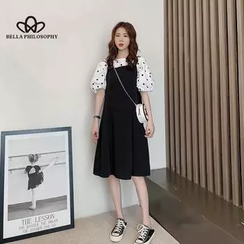 Летний новый стиль, нежная элегантная юбка в стиле ретро, комплект из двух предметов, топ-поло с короткими рукавами, однотонная юбка-прядь, комплект из двух предметов S чёрный