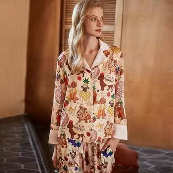 Летний новый стиль пижамы из ледяного шелка женский домашний костюм с длинным рукавом из искусственного шелка с лацканами S