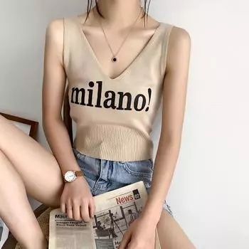 Летний новый стиль, простой, обнажающий пупок, с буквенным принтом, утягивающий талию, универсальный трикотажный топ-майка для женщин One size
