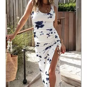 Летний новый стиль с принтом сексуальное платье-жилет с разрезом на талии для женщин S белый