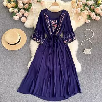Летний новый стиль, вышитое кружевное платье с рукавами-трубой, тонкое платье средней длины, женские летние платья One Size фиолетовый
