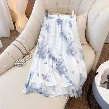 Летний новый стиль женской юбки-трапеции с принтом и высокой талией для больших размеров в элегантном стиле 2XL