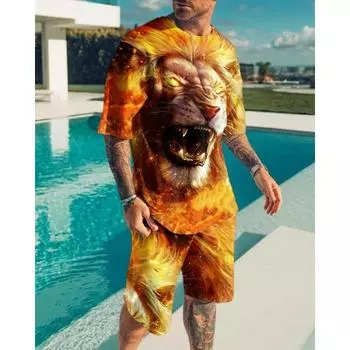 Летний новый свирепый зверь с рисунком льва мужские шорты комплект повседневные уличные футболки + шорты 2 шт наряды 3D принт O-образный вырез спортивный костюм костюм S