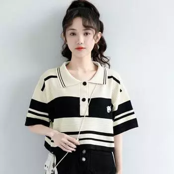 Летний новый свободный дизайн с вырезом поло в винтажном стиле, топы в полоску, свитер с короткими рукавами, короткая футболка для женщин M