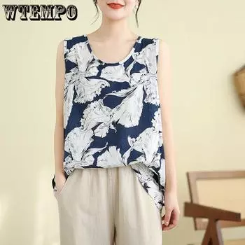 Летний новый свободный топ-майка большого размера с принтом из хлопка и льна, тонкий топ без рукавов для мам L