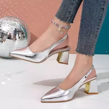 Летний новый темперамент односложные туфли с квадратной головкой сзади пустой неглубокий рот универсальный толстый каблук одинарные женские 2025 новый темперамент 34 серебряный