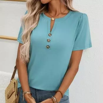 Летний новый топ - однотонная модная футболка с короткими рукавами на пуговицах S озеро зеленый