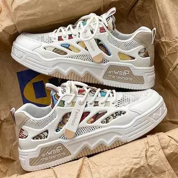 Летний Новый Тренд Мужская Повседневная Обувь на Плоской Подошве Дышащая Мягкая Подошва Мужские Кроссовки Теннисные Кожаные Для Бега Спортивная Обувь Универсальная Masculino 39