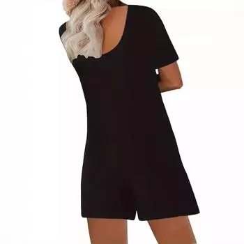 Летний новый женский комбинезон шорты однотонный карман свободный повседневный комбинезон с короткими рукавами S чёрный
