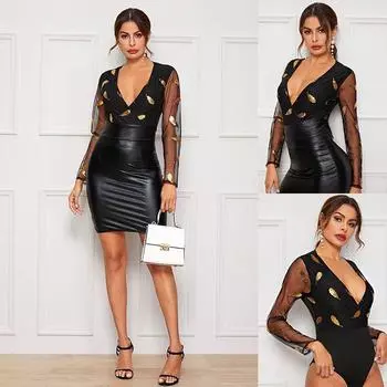 Летний новый женский облегающий модный комбинезон с вышивкой, сексуальная сетка с блестками, длинный S чёрный