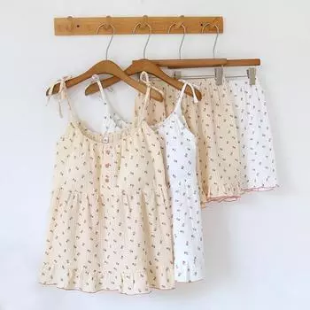 Летний новый женский пижамный комплект из 100% хлопкового крепа, женские подтяжки + шорты, домашний комплект из двух предметов M зелёный