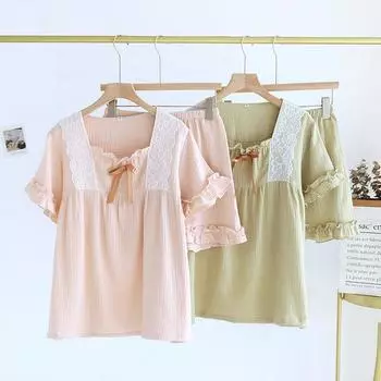 Летний новый женский пижамный комплект из 100% хлопкового крепа с кружевом и короткими рукавами, комплект из двух предметов для дома для женщин M