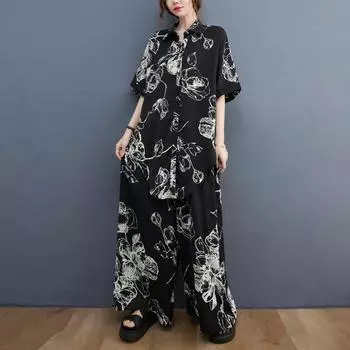Летний новый женский свободный, удобный и модный костюм большого размера, топ + повседневные широкие брюки, комплект из двух предметов для женщин one size чёрный