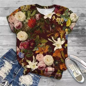 Летний новый женский топ с коротким рукавом, пуловер, модная повседневная футболка Y2K с цветочным принтом и круглым вырезом, размеры XS-6XL S
