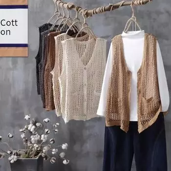 Летний однобортный жилет из чистого хлопка с V-образным вырезом, свободный кардиган без рукавов с жилетом, тонкий топ большого размера для женщин One size