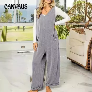 Летний однотонный комбинезон большого размера с V-образным вырезом и рукавами, женские повседневные свободные прямые широкие брюки S серебряный