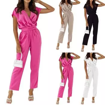 Летний однотонный комбинезон с высокой талией и поясом для поездок на работу L чёрный