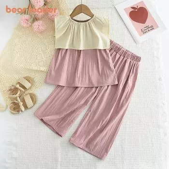 Летний однотонный лоскутный топ без рукавов + брючный костюм Bear Leader для детей от 3 до 7 лет, повседневные комплекты из двух предметов 3T