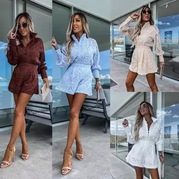 Летний однотонный повседневный комплект из 2 предметов женского наряда, блузка с длинным рукавом, однобортная, с высокой талией, вышитая кружевная рубашка, широкие женские шорты, комплект XS белый