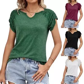 Летний однотонный топ с U-образным вырезом для женщин, свободная плиссированная футболка с коротким рукавом S белый