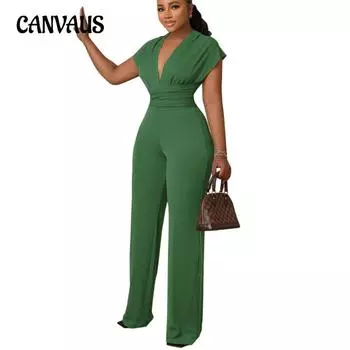 Летний однотонный женский комбинезон с глубоким вырезом и приталенной талией S красный