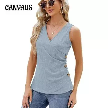 Летний однотонный жилет без рукавов с v-образным вырезом и пуговицами на талии для женщин S тёмно-синий