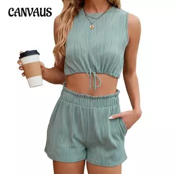 Летний однотонный жилет с круглым вырезом, майка, шорты с карманами и шнурком, комплект для женщин S