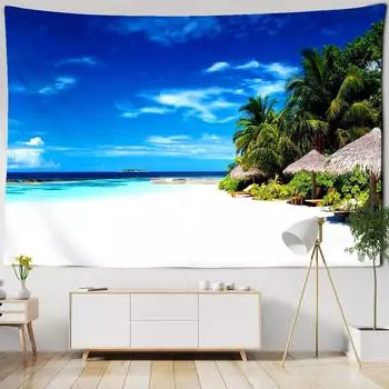 Летний океанский пейзаж, гобелен, отпуск, пляж, пальма, птица, природный пейзаж, гобелен, современная гостиная, декоративная настенная подушка 100x75cm