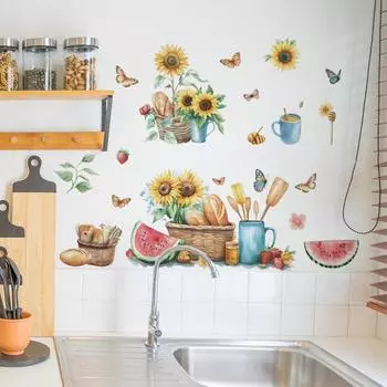 Летний окрашенный подсолнух хлеб бабочка кухня крыльцо фон ландшафтный дизайн настенная наклейка 30*60cm*2pcs/fun-b71