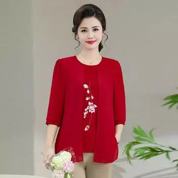 Летний отпуск для пожилых матерей среднего возраста, женская модная тонкая футболка с рукавом три четверти XXL бордовый