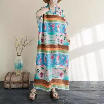 Летний отпуск Стиль V-образный вырез Художественный ретро Свободный Повседневный средней длины Закрытое платье для женщин Платья one size