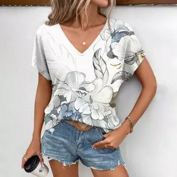 Летний персонализированный топ с V-образным вырезом, принт в виде цветка в уличном стиле, футболка с короткими рукавами, легкая повседневная удобная женская одежда S