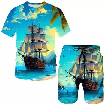 Летний пиратский корабль 3D принт футболки шорты комплекты мужские спортивные костюмы свободный короткий рукав футболка брюки комплект мужские костюмы одежда S
