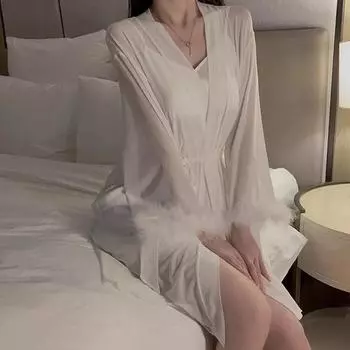 Летний пижамный комплект для женщин с манжетами и перьями, бюстгальтер с короткой юбкой, сексуальное женское платье M