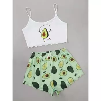 Летний пижамный комплект для женщин с принтом авокадо, майка с шортами, повседневное сексуальное нижнее белье, ночная рубашка, домашняя одежда, одежда для сна, нижнее белье S небесно-голубой