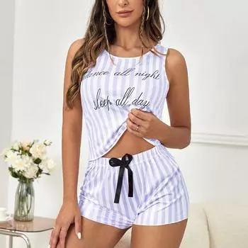 Летний пижамный комплект из 2 шт./компл., свободный комплект с буквенным принтом и круглым вырезом, без рукавов, с эластичной резинкой на талии, домашняя одежда, декорированный бантом, жилет, мини-шорты, комплект одежды для сна XL серый