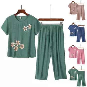 2 шт./компл. женский топ и брюки, комплект с круглым вырезом и цветочным принтом, стиль бабушки, эластичный пояс, летний пижамный комплект для повседневной носки 4XL зелёный
