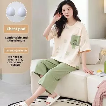 Летний пижамный комплект с нагрудником для женщин, топ с коротким рукавом и капри с рисунком, пижамы больших размеров 4XL 5XL, женская повседневная пижама, домашняя одежда M