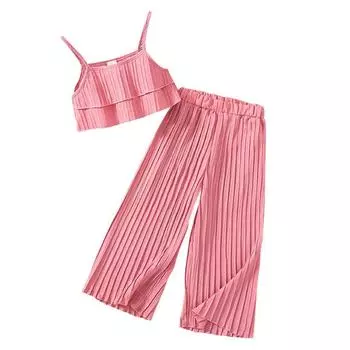 Летний плиссированный топ и брючный костюм для девочек от 4 до 12 лет, комплект повседневной одежды 100